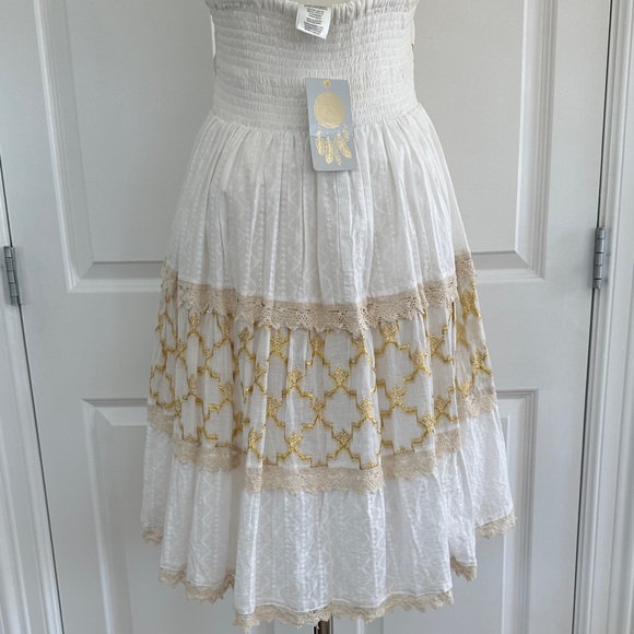 NWT Shira White 100% Cotton Crochet Smocked Gold Beach Cover-up Dress Free Size - Picture 12 of 15